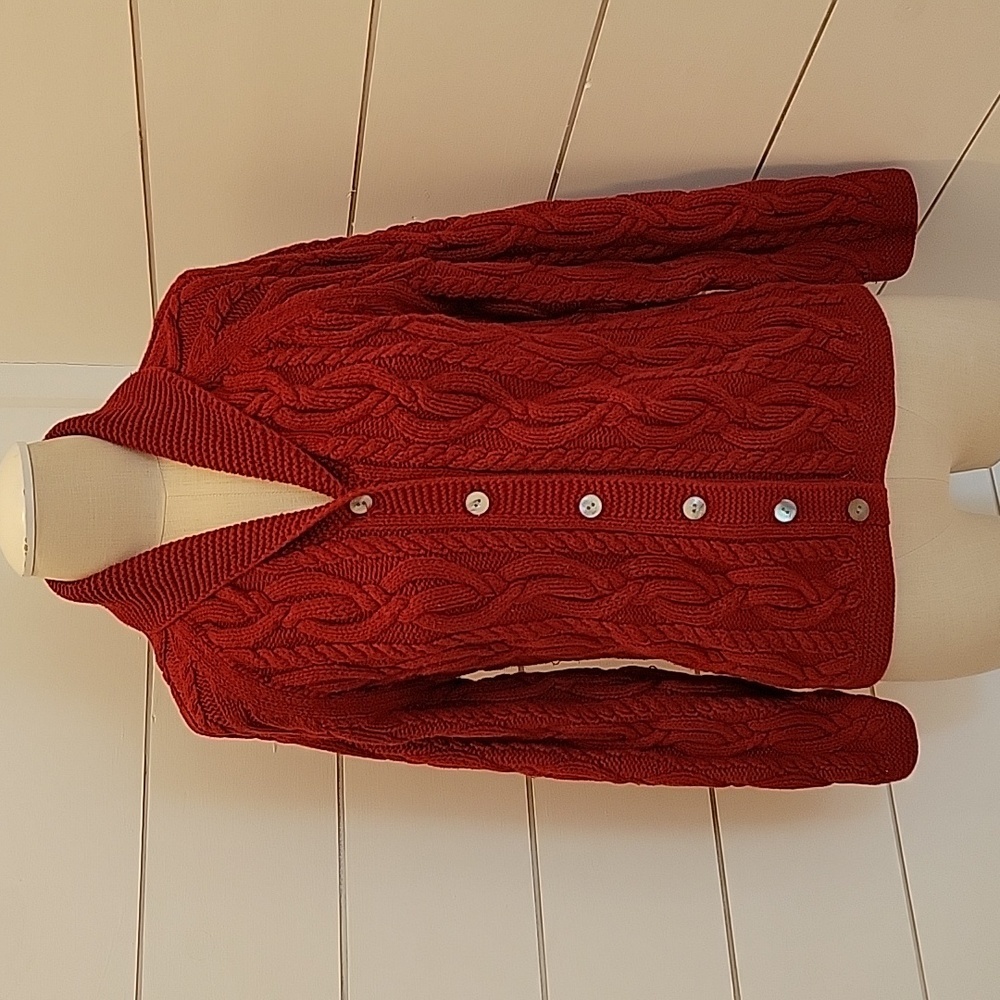 Land's End medium red thick cable knit cardigan. This is a great sweater!